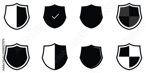 Modern isolated shield icon set on white background. Vector safety label icons set on white background. Isolated safety check element set on white page. EPS 10. 
