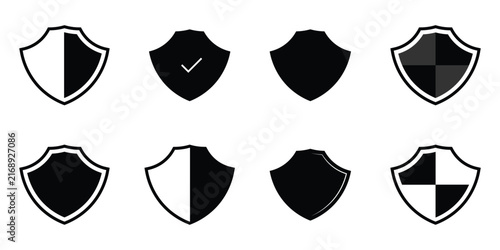 Isolated safety check element set on white page. Modern isolated shield icon set on white background. Vector safety label icons set on white background. EPS 10. 