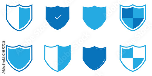Shield icon set on white background.  Blue safety shield icons set on white page. Security vector blue icons. Mark icons set. EPS 10. 