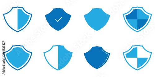 Shield label badge icons set on white background. Isolated safety emblem award safety icons set on white page. Check-mark shield icons sets. EPS 10. 