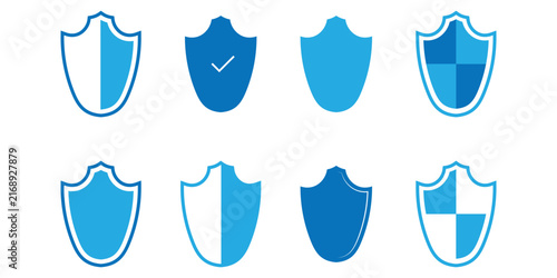 Shield label badge icons set on white background. Isolated safety emblem award safety icons set on white page. Check-mark shield icons sets. EPS 10. 