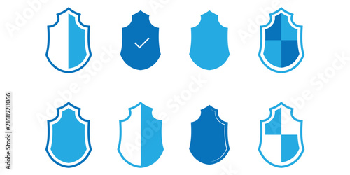 Blue check mark icon set on white background. Logotype shield badge vector icon sets. Vignetting care pictogram safe sets. Mark label security check icon set on white background. EPS 10. 