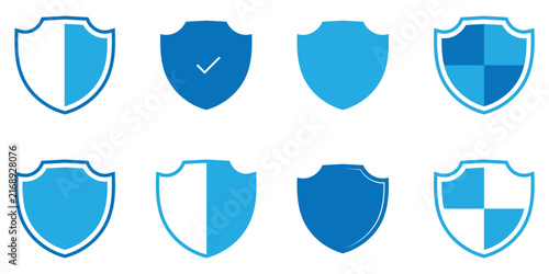 Blue check mark icon set on white background. Logotype shield badge vector icon sets. Vignetting care pictogram safe sets. Mark label security check icon set on white background. EPS 10. 