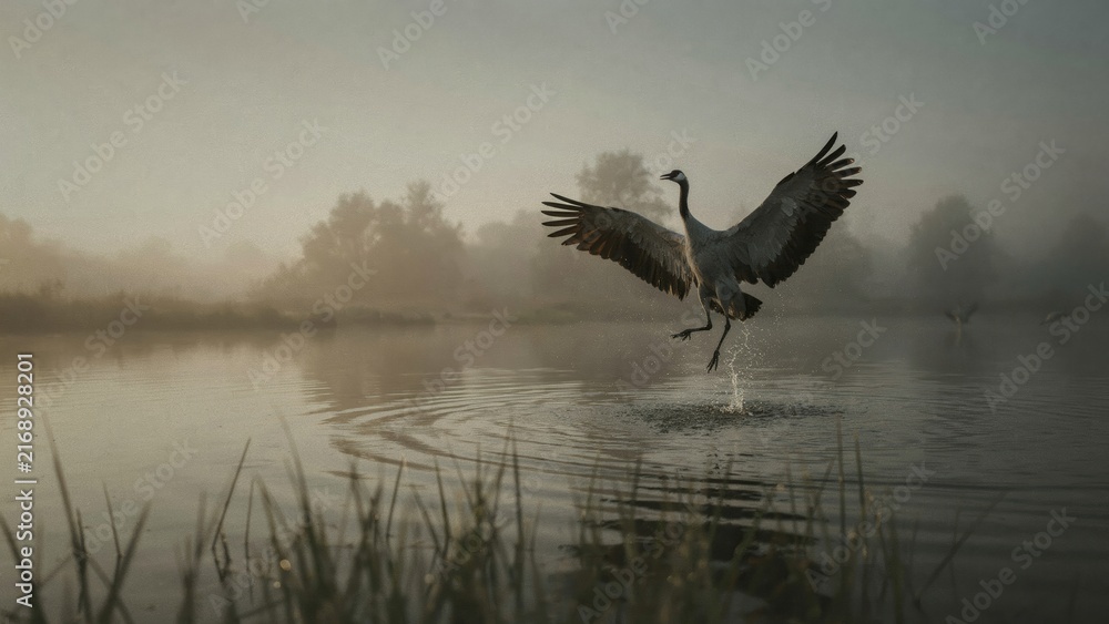 Naklejka premium A majestic crane landing on a calm misty lake at sunrise.