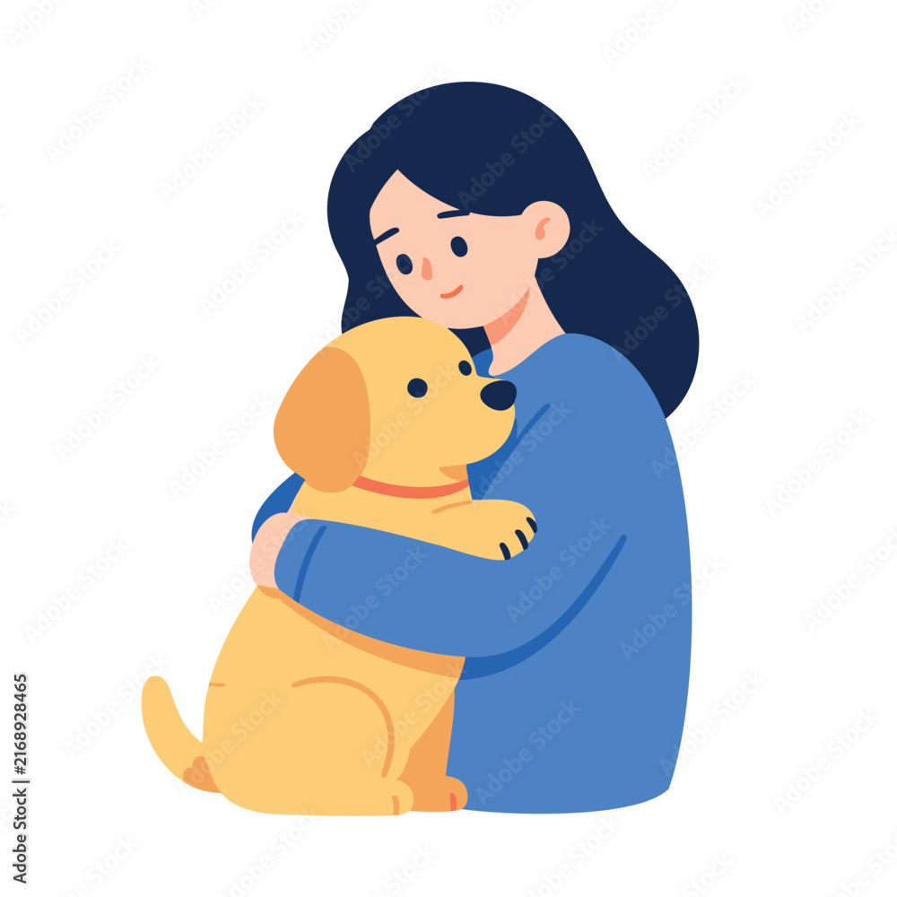 Obraz premium Woman hugging a yellow puppy in a blue sweater