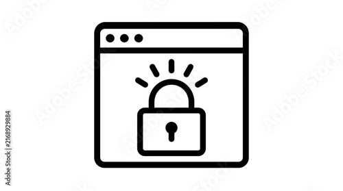 Minimalist black outline icon featuring a secure digital browser window with a prominent locked padlock