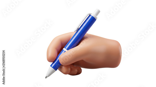 Human hand holding blue ballpoint pen writing gesture for education and office administrative tasks represented by 3d illustrative design for creative projects.