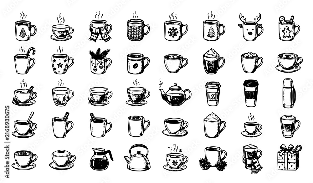 Fototapeta premium Hand drawn winter coffee mug sketch illustration set with hot chocolate, tea cup, teapot, thermos, and Christmas decoration symbols in black ink style