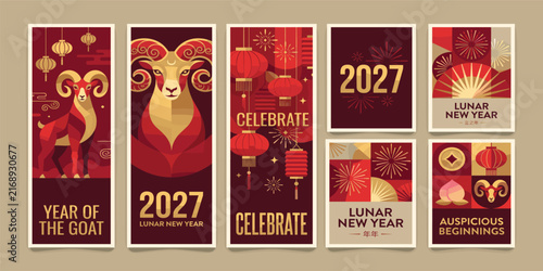 Photography Chinese New Year 2027 modern design template set in red, gold and white colors for cover, card, poster, banner, social media template