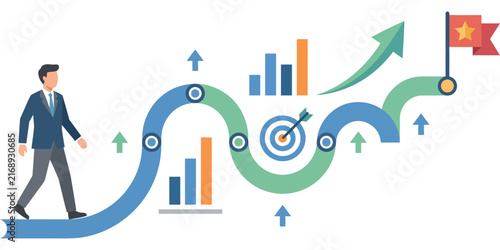 Business growth strategy concept, businessman walking up rising arrows, corporate success targets, financial analysis charts, career development path, goal achievement, upward trend vector