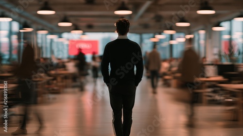 Man walking through modern office interior business environment