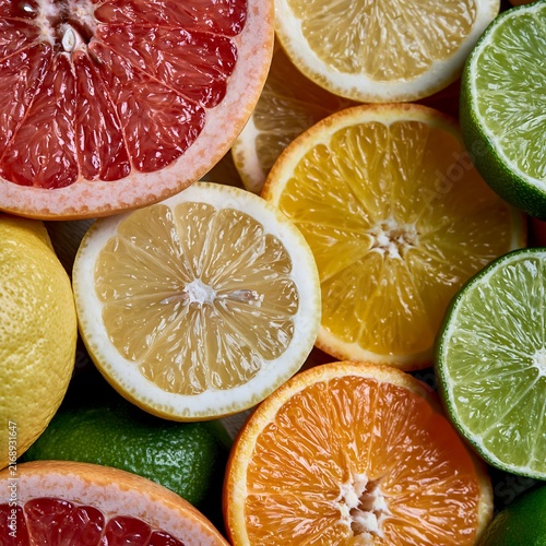 Fresh citrus fruit slices background with lemon lime and orange