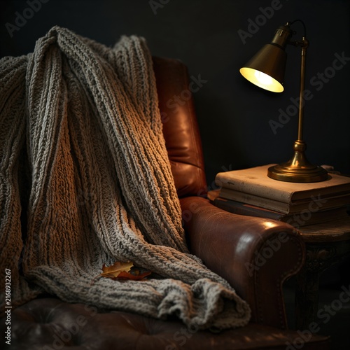 Autumn Nook: Knit Cable, Leather, and a Fallen Leaf