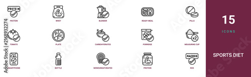 Set of 15 outline web Sports Diet icons such as ros, protein, monounsaturated fat, bottle, smartphone, measuring cup, porridge vector icons for report, presentation, diagram, web design, mobile app
