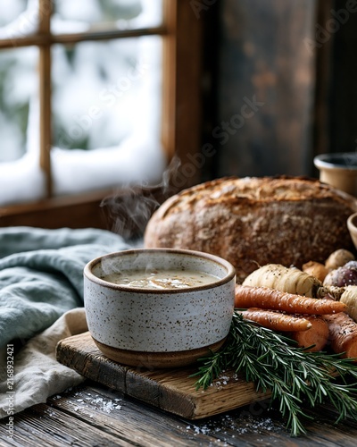 Warm vegetable soup in ceramic bowl with bread and fresh carrots winter