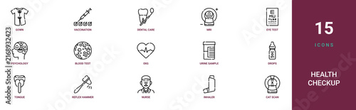 Set of 15 outline web Health Checkup icons such as cat scan, inhaler, nurse, reflex hammer, tongue depressor, drops, urine sample vector icons for report, presentation, diagram, web design, mobile