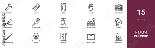 Set of 15 outline web Health Checkup icons such as microscope, weight scale, medical history, patient, thermometer, habits, waiting room vector icons for report, presentation, diagram, web design,