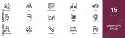 Set of 15 outline web Coworking Space icons such as workplace, laptop, cigarette, wc, vacuum cleaner, photo camera, plant pot vector icons for report, presentation, diagram, web design, mobile app