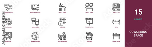 Set of 15 outline web Coworking Space icons such as dining room, printer, meeting room, working hours, furniture and household, sofa, presentation vector icons for report, presentation, diagram, web