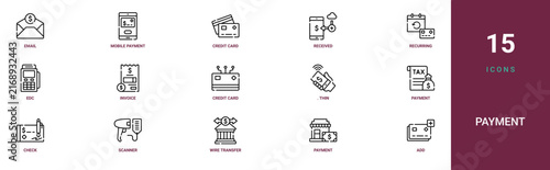 Set of 15 outline web Payment icons such as add, payment, wire transfer, scanner, check, payment,. Thin isolated on white background vector icons for report, presentation, diagram, web design,