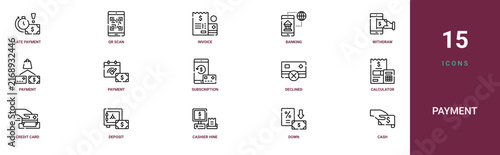 Set of 15 outline web Payment icons such as cash, down, cashier hine, deposit, credit card, calculator, declined vector icons for report, presentation, diagram, web design, mobile app