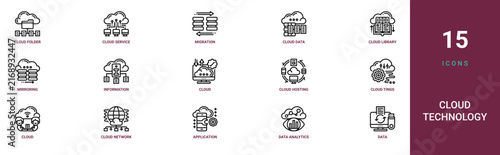Set of 15 outline web Cloud Technology icons such as data, data analytics, application, cloud network, cloud connection, cloud tings, hosting vector icons for report, presentation, diagram, web