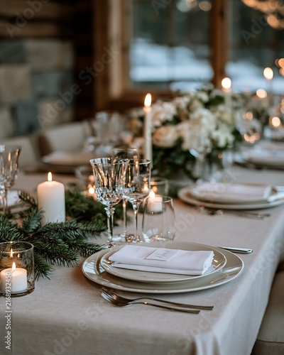 Elegant Winter Wedding Table Setting with Candles and Pine Decor 70c