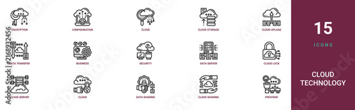 Set of 15 outline web Cloud Technology icons such as provider, cloud sharing, data sharing, cloud, cloud server, lock, data server vector icons for report, presentation, diagram, web design, mobile