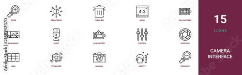 Set of 15 outline web Camera Interface icons such as zoom out, beauty, manual, stabilizer, grid, aperture, control vector icons for report, presentation, diagram, web design, mobile app