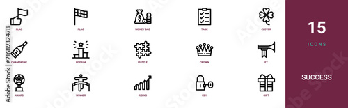 Set of 15 outline web Success icons such as gift, key, rising, winner, award, et, crown vector icons for report, presentation, diagram, web design, mobile app