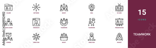 Set of 15 outline web Teamwork icons such as rocket, direction, boost, direction, screen, presentation, teamwork vector icons for report, presentation, diagram, web design, mobile app