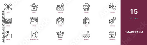 Set of 15 outline web Smart Farm icons such as fertilizer, sensor, robot, water quality, stats, milking, silo vector icons for report, presentation, diagram, web design, mobile app