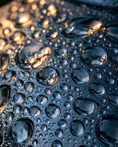 Macro view of crystal clear water droplets on dark reflective metal surface