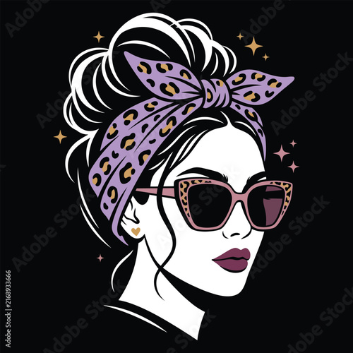 messy bun woman with leopard print bandana and sunglasses eps, retro chic mom life portrait vector illustration, trendy graphic t-shirt design.