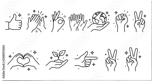 Human hand gestures and positive signal signs thin line icon set featuring thumbs up, clapping applause, peace fingers, ok symbol, heart shape, and eco friendly environment care illustrationsHuman