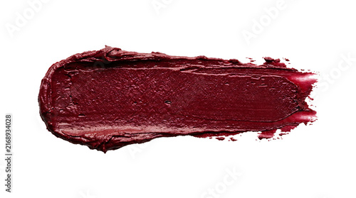 Vibrant dark red lipstick smear showing rich creamy texture and artistic strokes displayed horizontally as a professional makeup on transparent background
