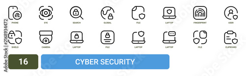Set of 16 outline web Cyber Security icons such as clipboard, file, laptop, laptop, file, laptop, camera vector icons for report, presentation, diagram, web design, mobile app