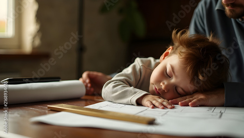 Primer plano de un niño pequeño durmiendo sobre unos planos