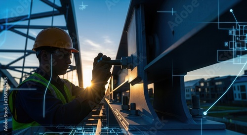 Construction Worker Tightening Bolts On Steel Structure At Sunset With Digital Overlays