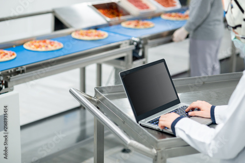 Quality Control Manager Using Laptop in Food Factory