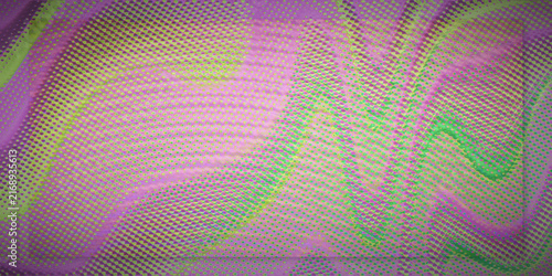 Foto Silky interference waves ripple in green, magenta and purple stripes with pastel op art energy and dark grain