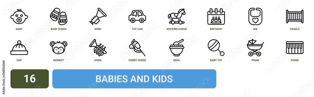 Fototapeta premium Set of 16 outline web Babies and Kids icons such as piano, pram, baby toy, meal, hobby horse, horn, monkey vector icons for report, presentation, diagram, web design, mobile app