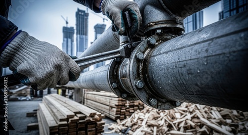 Construction Worker Tightening Large Industrial Pipe Flange For Infrastructure Project