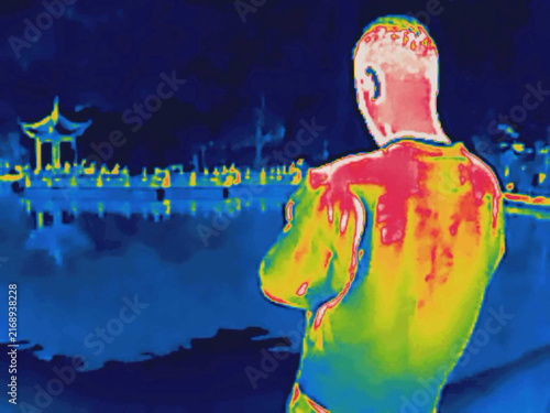 Tourists in the old district, urban tourism. Image from thermal imager device.