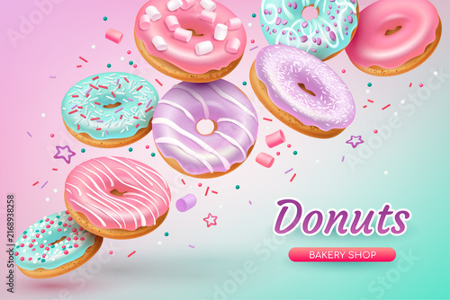 Banner for bakery shop with colorful chocolate donuts sprinkles sugar glaze, marshmallows and chopped nuts. Fast food isolated on the pink background. Realistic style. 