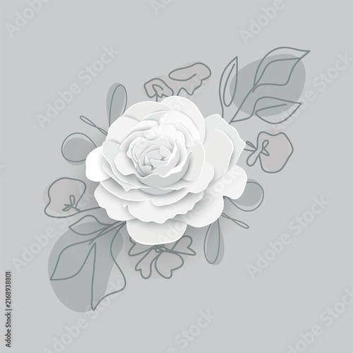 A white rose in a paper style design, a romantic greeting card design. Perfect for birthday and anniversary cards, Valentine's Day decorations