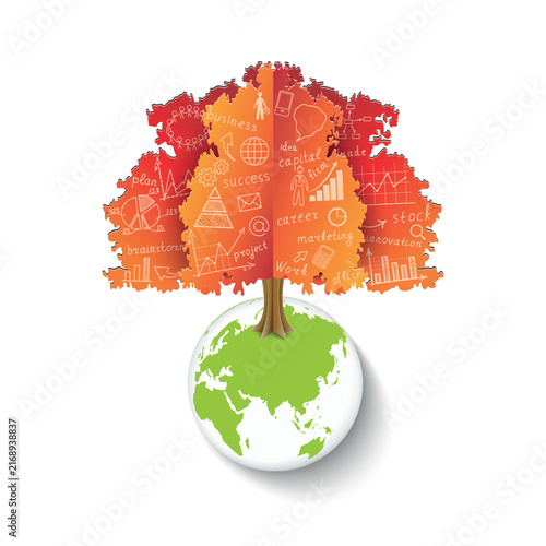 Mathematical equations and formulas in the form of a paper tree on a globe. Hand drawn mathematical formulas, diagrams, and graphs.