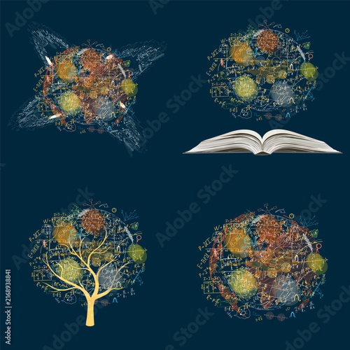 A collection of math equations and formulas. A set of hand-drawn mathematical formulas, diagrams, and graphs in the form of a ball over a book and tree.