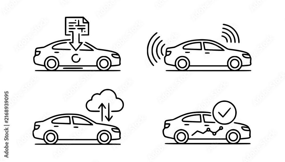 Obraz premium Connected Car Software Update Wireless Technology Thin Line Vector Icons