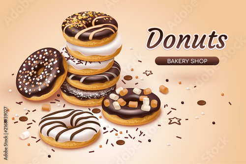 Banner for bakery shop with white and black chocolate donuts sprinkles sugar glaze, marshmallows and chopped nuts. Fast food isolated on the light background. Realistic style. 